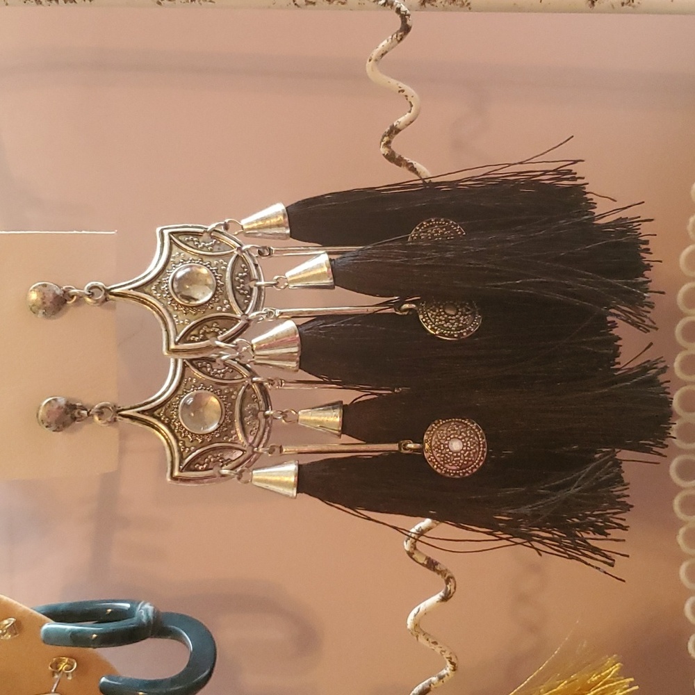 Free People silvertone, black silk tassel earrings. BNWT